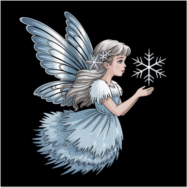 Winter Fairy with Snowflake and Sparkling Blue Wings Wall Art by BirdsnStuff