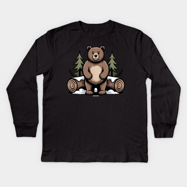 Standing Brown Bear Vintage Forest Art for Nature Lovers Kids Long Sleeve T-Shirt by BirdsnStuff