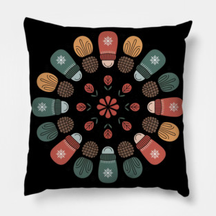 Cottagecore Winter Mandala with Mittens and Pinecones Pillow