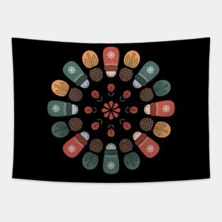 Cottagecore Winter Mandala with Mittens and Pinecones Tapestry
