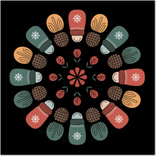 Cottagecore Winter Mandala with Mittens and Pinecones Posters and Art