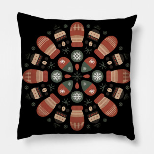 Retro Winter Mittens Mandala with Snowflakes and Pinecones Pillow