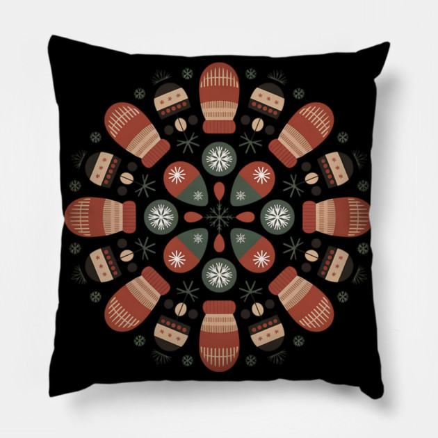 Retro Winter Mittens Mandala with Snowflakes and Pinecones Pillow by BirdsnStuff