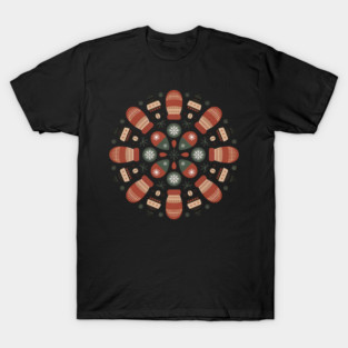 Retro Winter Mittens Mandala with Snowflakes and Pinecones T-Shirt