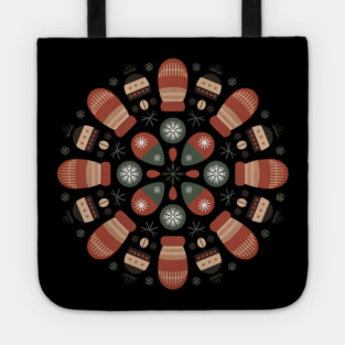 Retro Winter Mittens Mandala with Snowflakes and Pinecones Tote