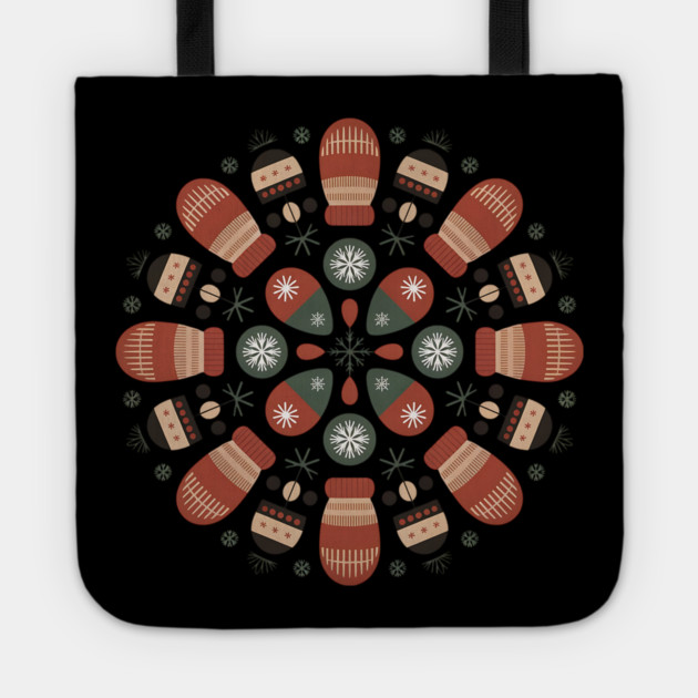 Retro Winter Mittens Mandala with Snowflakes and Pinecones Tote by BirdsnStuff