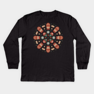Retro Winter Mittens Mandala with Snowflakes and Pinecones Kids Long Sleeve T-Shirt