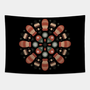 Retro Winter Mittens Mandala with Snowflakes and Pinecones Tapestry