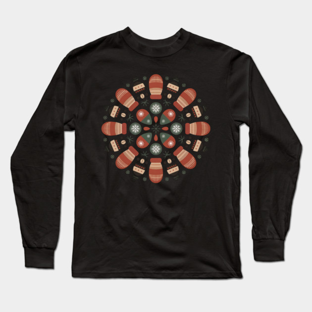 Retro Winter Mittens Mandala with Snowflakes and Pinecones Long Sleeve T-Shirt by BirdsnStuff