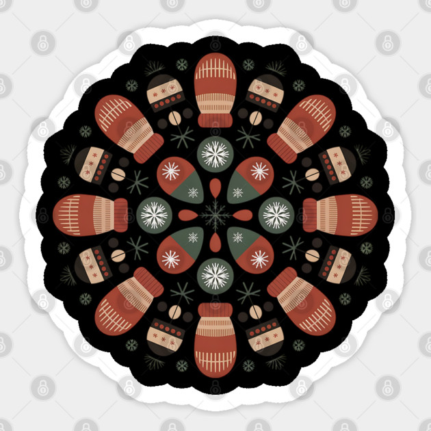 Retro Winter Mittens Mandala with Snowflakes and Pinecones Sticker by BirdsnStuff