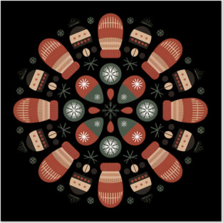 Retro Winter Mittens Mandala with Snowflakes and Pinecones Posters and Art