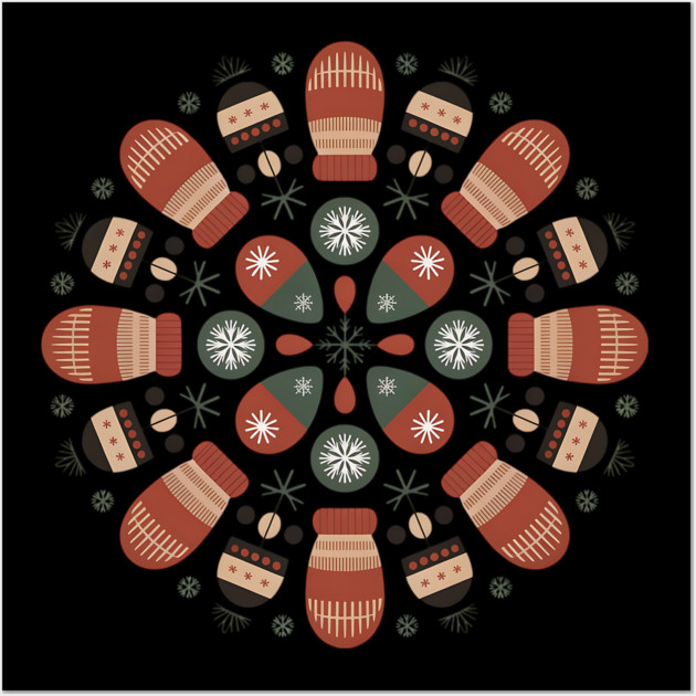 Retro Winter Mittens Mandala with Snowflakes and Pinecones Wall Art by BirdsnStuff