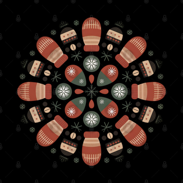 Retro Winter Mittens Mandala with Snowflakes and Pinecones by BirdsnStuff