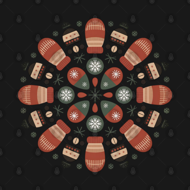 Retro Winter Mittens Mandala with Snowflakes and Pinecones by BirdsnStuff