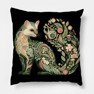 Botanical American Marten with Foliage and Floral Detail Pillow