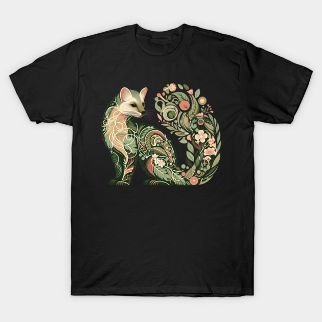 Botanical American Marten with Foliage and Floral Detail T-Shirt by BirdsnStuff