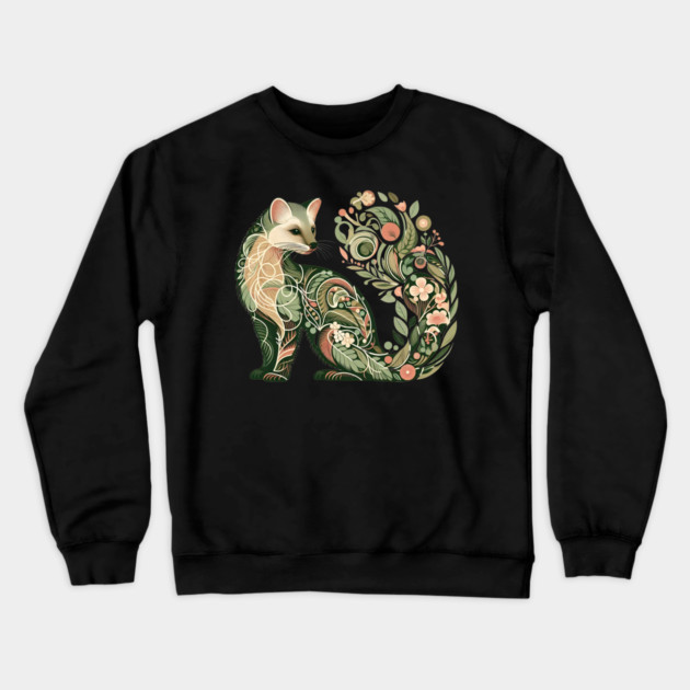 Botanical American Marten with Foliage and Floral Detail Crewneck Sweatshirt by BirdsnStuff