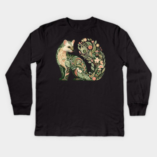 Botanical American Marten with Foliage and Floral Detail Kids Long Sleeve T-Shirt