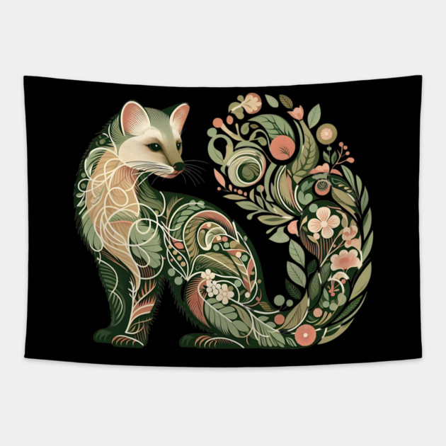 Botanical American Marten with Foliage and Floral Detail Tapestry by BirdsnStuff