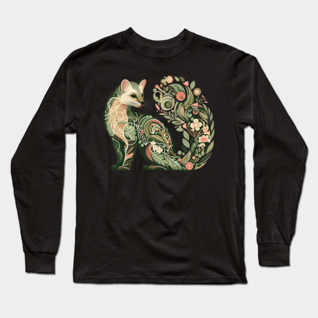 Botanical American Marten with Foliage and Floral Detail Long Sleeve T-Shirt by BirdsnStuff