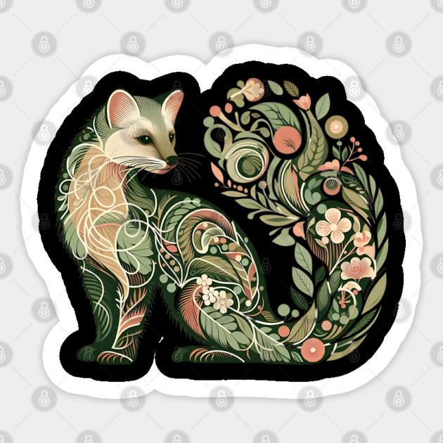 Botanical American Marten with Foliage and Floral Detail Sticker by BirdsnStuff
