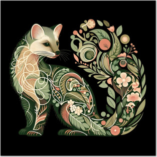 Botanical American Marten with Foliage and Floral Detail Posters and Art