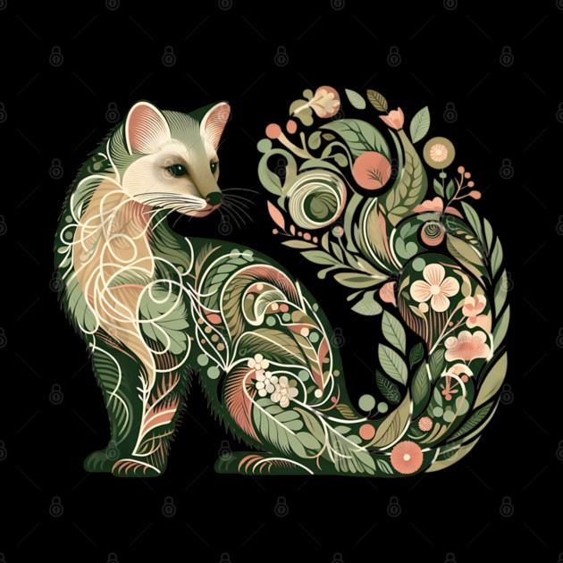 Botanical American Marten with Foliage and Floral Detail by BirdsnStuff