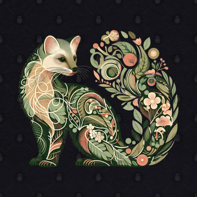 Botanical American Marten with Foliage and Floral Detail by BirdsnStuff