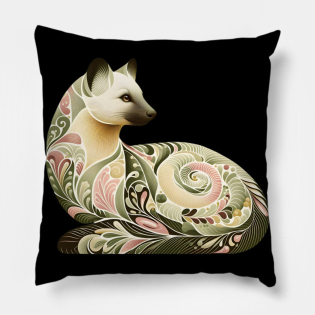 Botanical American Marten with Foliage and Floral Detail Pillow by BirdsnStuff
