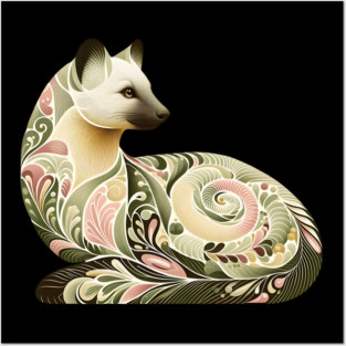 Botanical American Marten with Foliage and Floral Detail Posters and Art