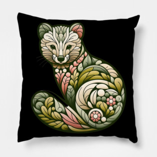 Botanical American Marten with Foliage and Floral Detail Pillow
