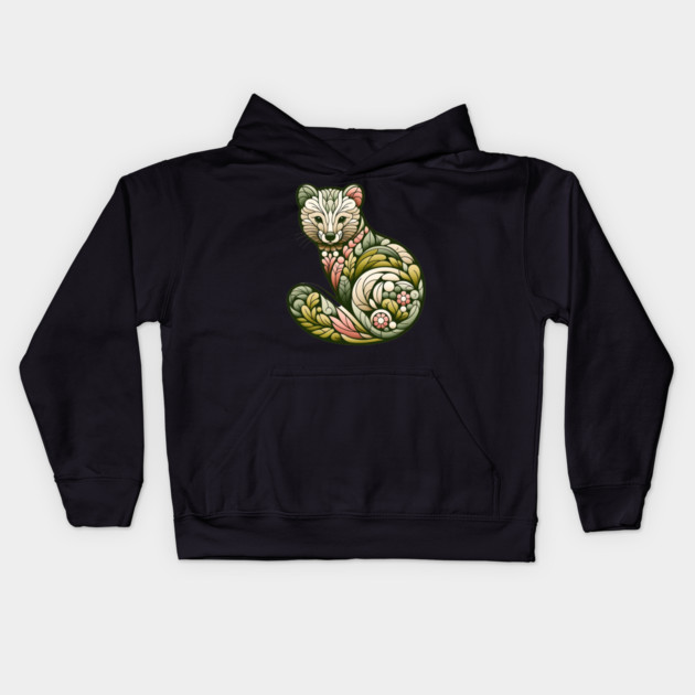 Botanical American Marten with Foliage and Floral Detail Kids Hoodie by BirdsnStuff
