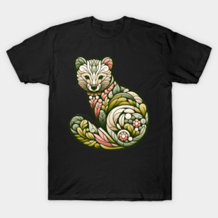 Botanical American Marten with Foliage and Floral Detail T-Shirt