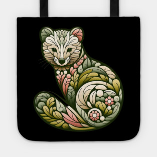 Botanical American Marten with Foliage and Floral Detail Tote