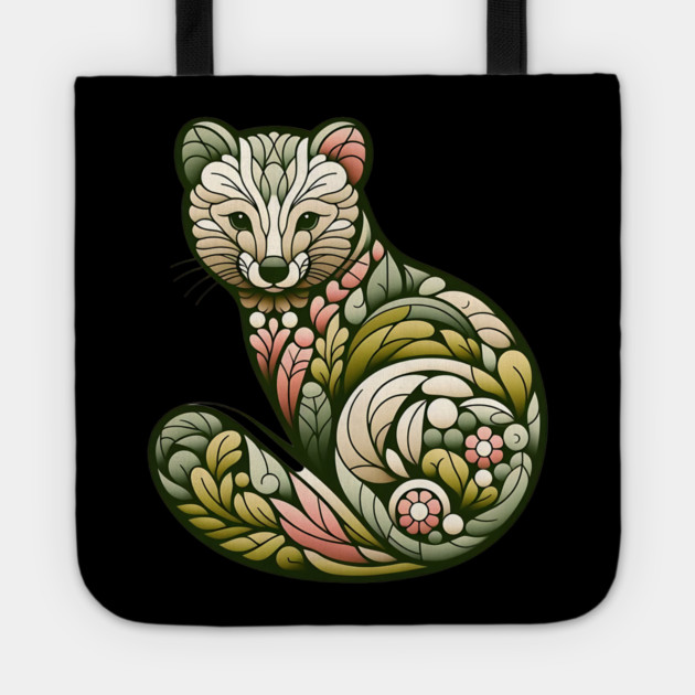 Botanical American Marten with Foliage and Floral Detail Tote by BirdsnStuff
