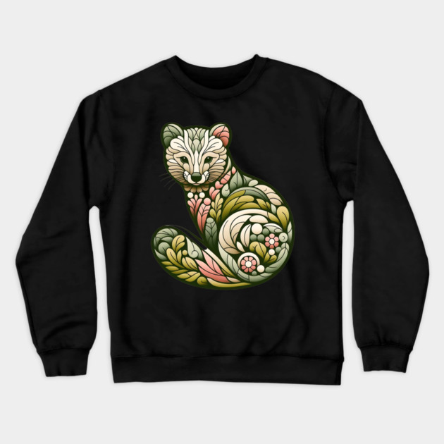 Botanical American Marten with Foliage and Floral Detail Crewneck Sweatshirt by BirdsnStuff