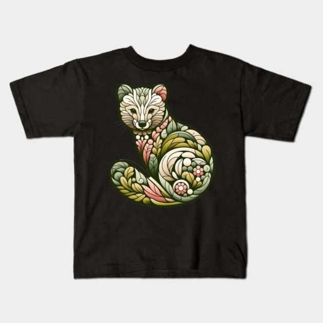 Botanical American Marten with Foliage and Floral Detail Kids T-Shirt by BirdsnStuff