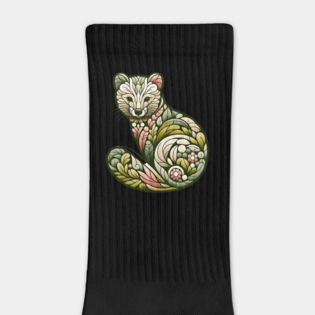 Botanical American Marten with Foliage and Floral Detail by BirdsnStuff