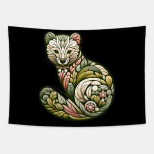 Botanical American Marten with Foliage and Floral Detail Tapestry