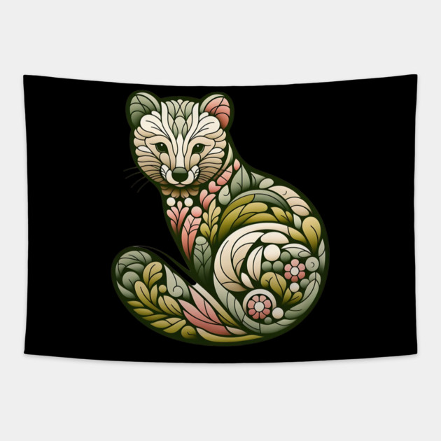Botanical American Marten with Foliage and Floral Detail Tapestry by BirdsnStuff