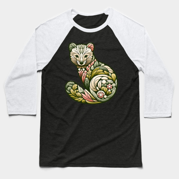 Botanical American Marten with Foliage and Floral Detail Baseball T-Shirt by BirdsnStuff