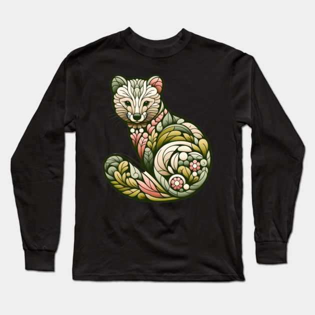 Botanical American Marten with Foliage and Floral Detail Long Sleeve T-Shirt by BirdsnStuff