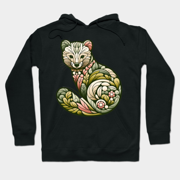 Botanical American Marten with Foliage and Floral Detail Hoodie by BirdsnStuff