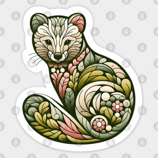 Botanical American Marten with Foliage and Floral Detail Sticker by BirdsnStuff