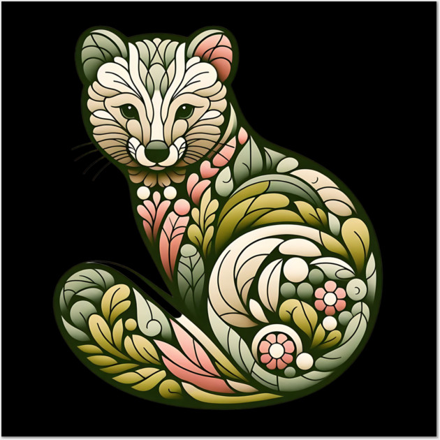 Botanical American Marten with Foliage and Floral Detail Wall Art by BirdsnStuff