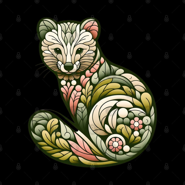 Botanical American Marten with Foliage and Floral Detail by BirdsnStuff