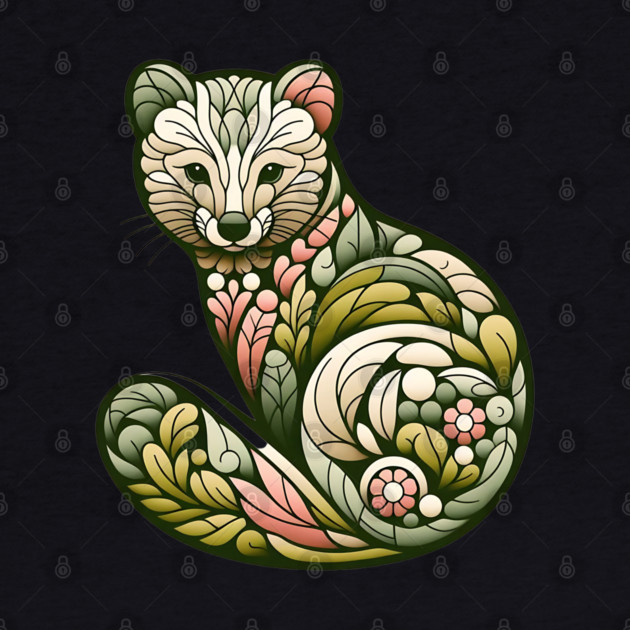 Botanical American Marten with Foliage and Floral Detail by BirdsnStuff