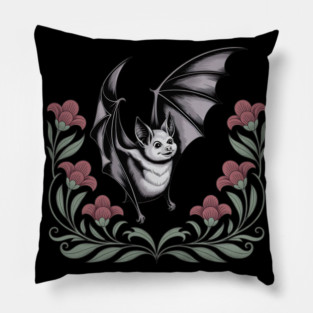 Decorative Vintage Bat and Floral Art Pillow