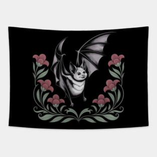 Decorative Vintage Bat and Floral Art Tapestry