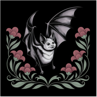 Decorative Vintage Bat and Floral Art Posters and Art